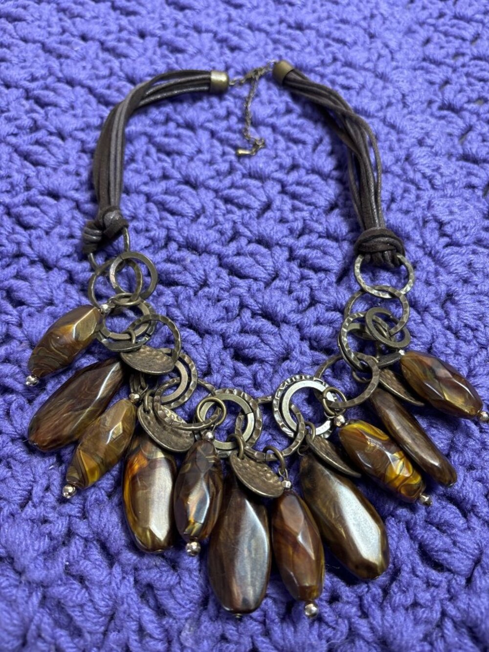 Chunky Brown Plastic Beaded Statement Bib Necklace Multi Strand Brown Cord